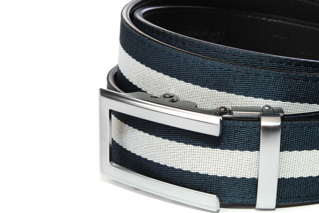 Navy w/White Stripe Cloth Strap with Traditional in Silver Buckle (1.5") - Image 2