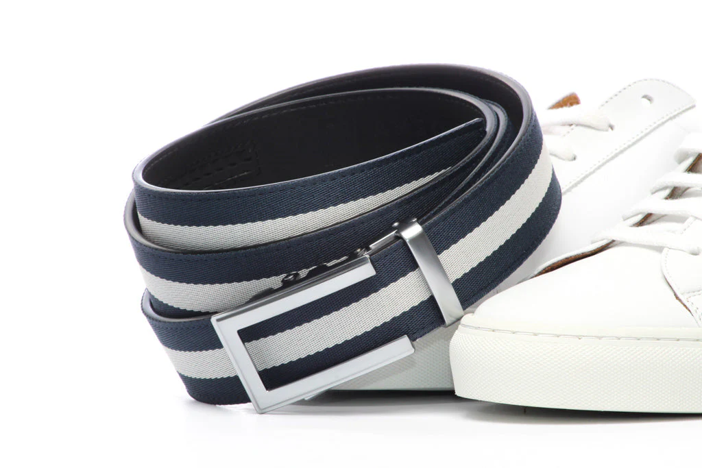 Navy w/White Stripe Cloth Strap with Traditional in Silver Buckle (1.5") - Image 4